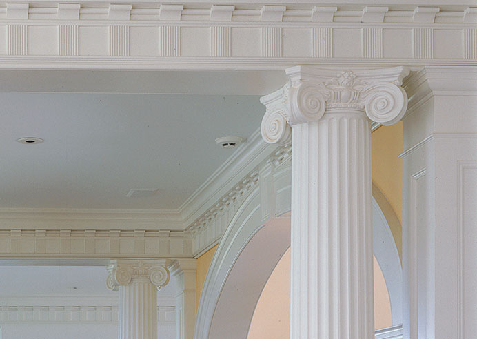 Additions, Renovations, Restorations: Classical details such as this ionic column and frieze <br>
            form an integral part of the interior of this new Federal <br>
            style residence. 